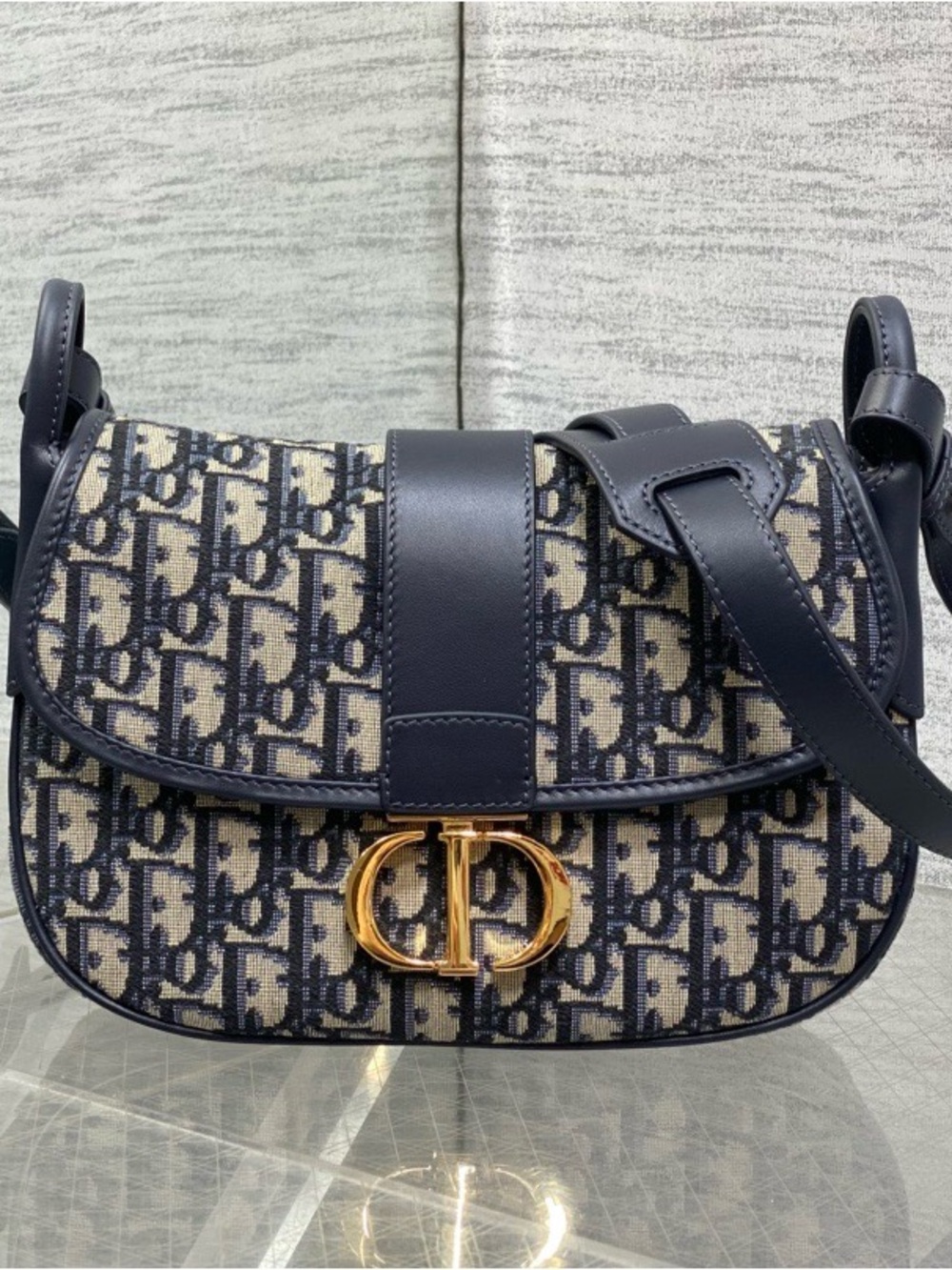 Dior Navy and Beige Oblique Saddle Shoulder Bag with Gold CD Hardware